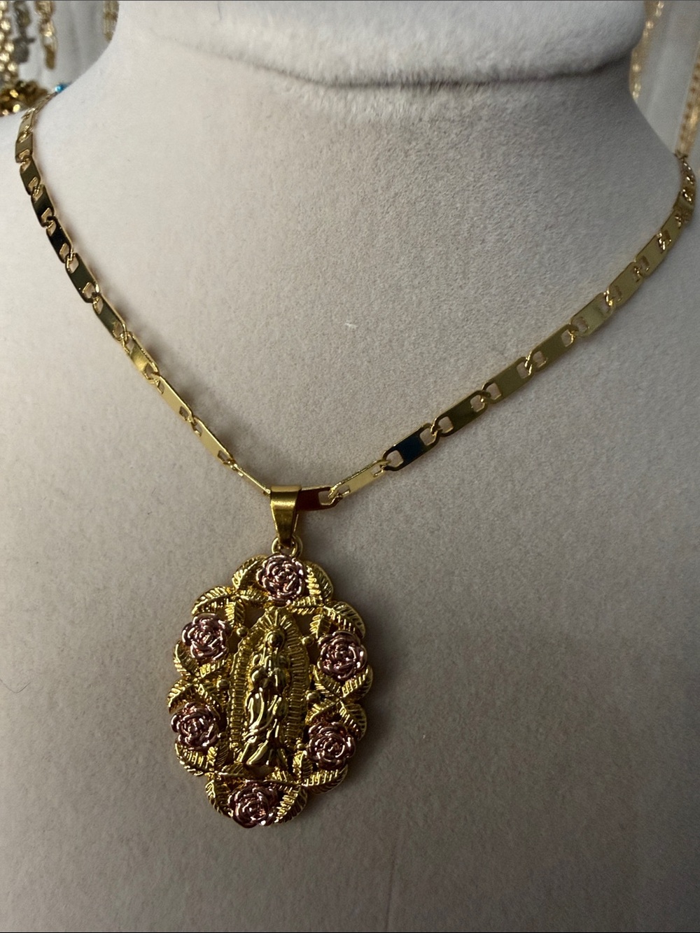 Gold Mother of Mary Pendant Necklace with Rose Accents